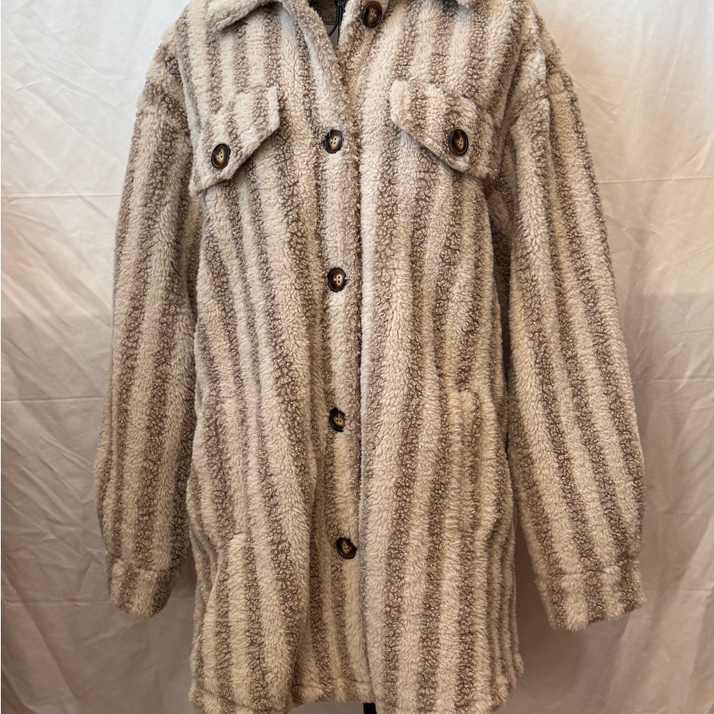 177 - Cozy Striped Cream and Brown Teddy Jacket